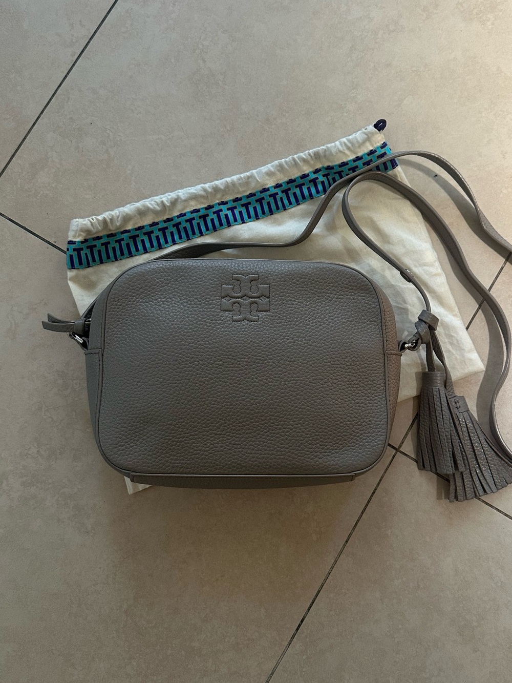 Tory Burch Taupe Pebbled Leather Crossbody with Tassel